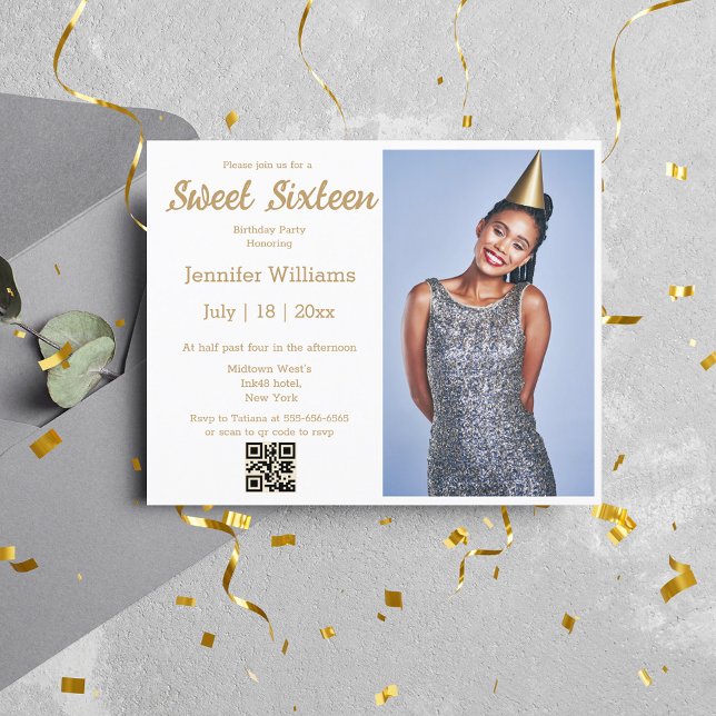 Papier sweet sixteen or moderne code qr invitation photo (Créateur téléchargé)