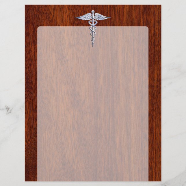 Papier Symbole Médicale Silver Caduceus Décor en acajou (Devant)