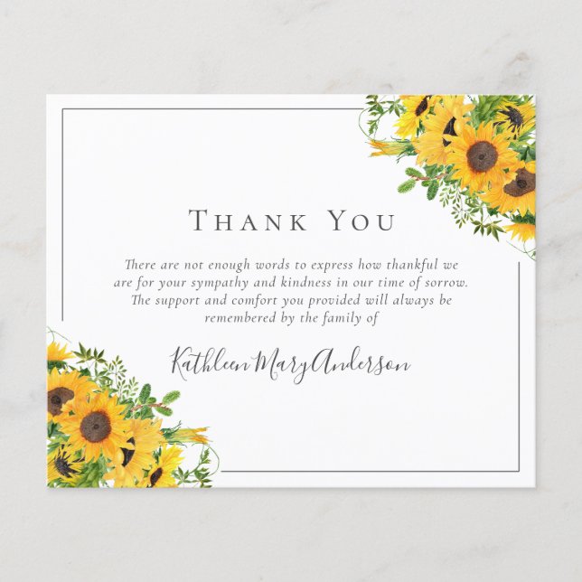 Papier Sympathie BUDGET Sunflower Funérailles Merci Note (Devant)