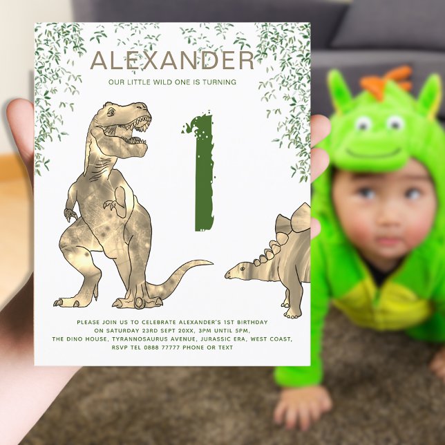 Papier T-Rex 1er Anniversaire Fête Wild One (Wild one T-Rex dinosaur jungle 1st birthday party invitation brown and green)