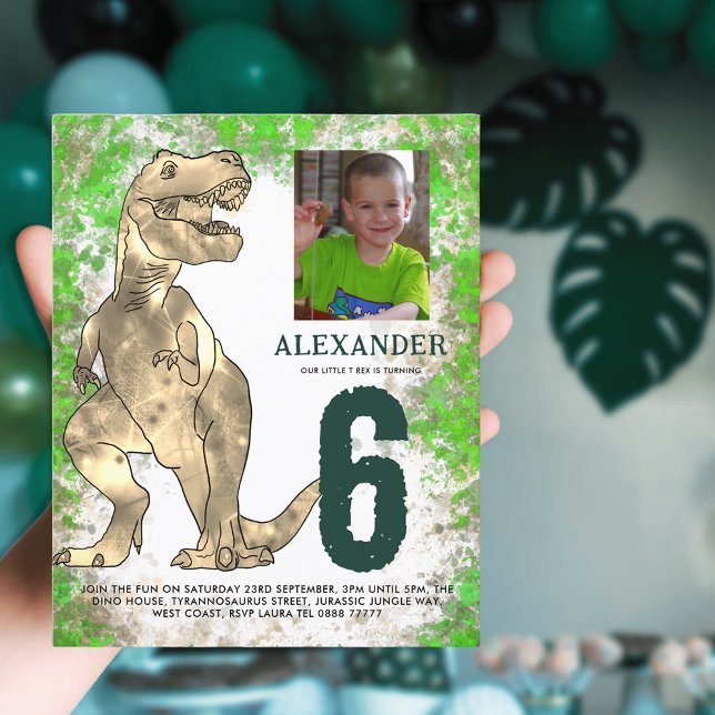 Papier T-Rex Dinosaur Budget de la fête d'anniversaire (T-Rex dinosaur 6th birthday party budget invitation with photo template and watercolor splash jungle)