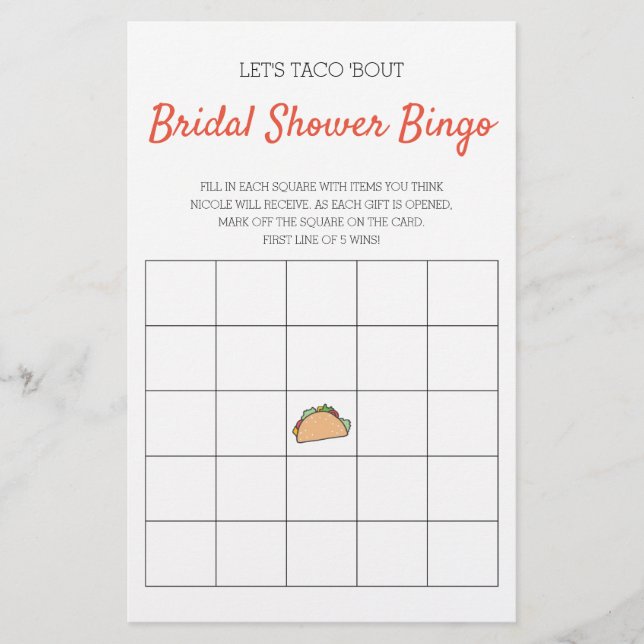 Papier Taco 'Bout Fête des mariées Bingo Jeu (Devant)