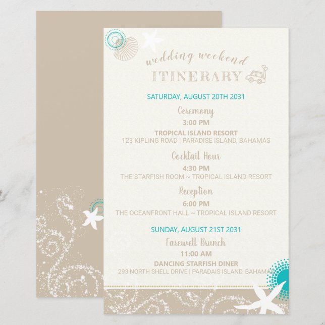 Papier Tan Ivory Cute Beach Mariage Itinéraire (Devant / Derrière)