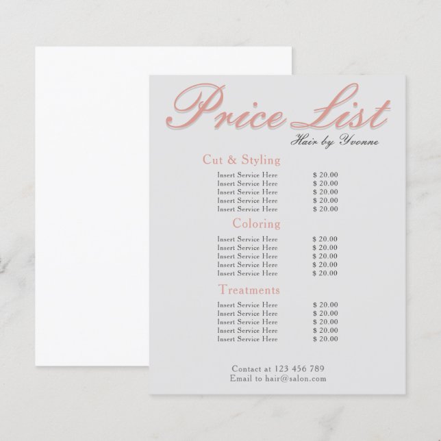Papier Tarif Salon, spa, salon de beauté éditable (Devant / Derrière)