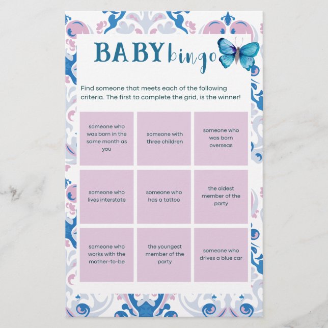 Papier Tea party Baby shower Jeu Ice Breaker Bingo (Devant)