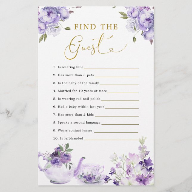 Papier Tea Party de Baby shower Floral pourpre Trouvez L' (Devant)