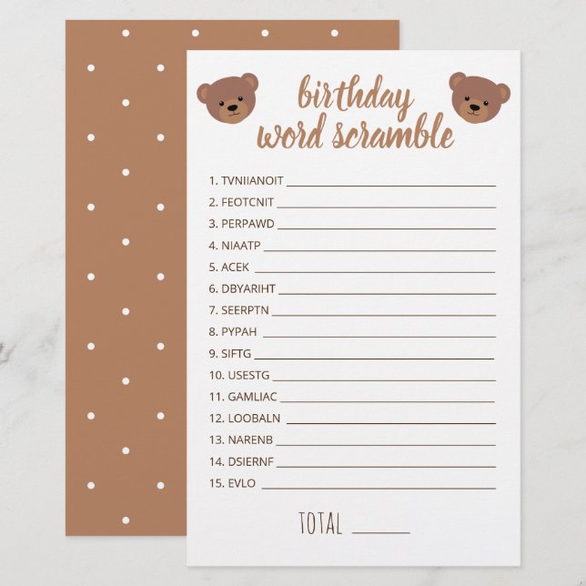 Papier Teddy Bear Baby Anniversaire Mot Scrambe Jeu (Devant / Derrière)