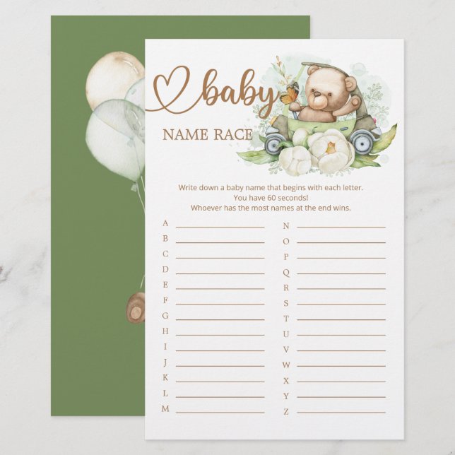 Papier Teddy Bear Baby shower Baby Name Race Game (Devant / Derrière)