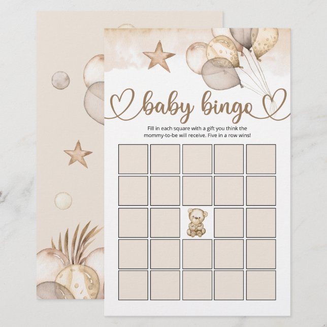 Papier Teddy Bear Bear Baby shower Bingo Jeu (Devant / Derrière)