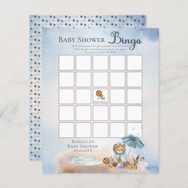 Papier Teddy Bear Bearly Wait Boy Baby shower Bingo Invi (Devant / Derrière)