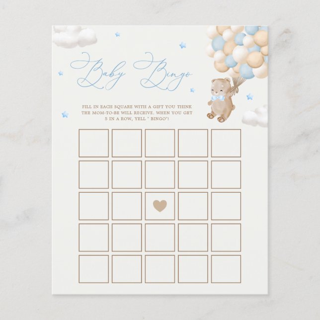 Papier Teddy Bear Blue Baby shower Bingo Jeu (Devant)