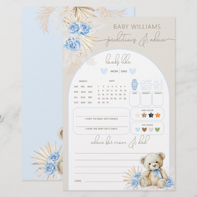 Papier Teddy Bear Boho Blue Baby shower Prediction Jeu (Devant / Derrière)