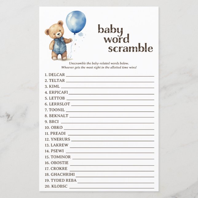 Papier Teddy Bear Boy Baby shower Word Scramble Jeu (Devant)