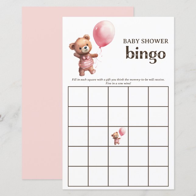 Papier Teddy Bear Girl Baby shower Bingo Jeu (Devant / Derrière)