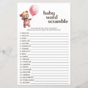 Papier Teddy Bear Girl Baby shower Word Scramble Jeu