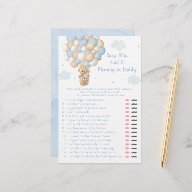 Papier Teddy Bear Hot Air Balloon Devinez Qui A Dit Game (Devant/Arrière en situation)