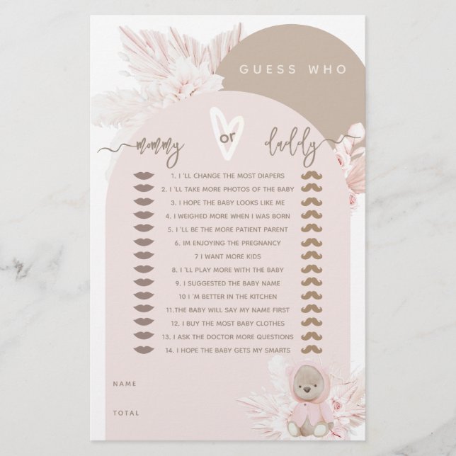 Papier Teddy Bear Modern Boho Girl jeu Baby shower (Devant)