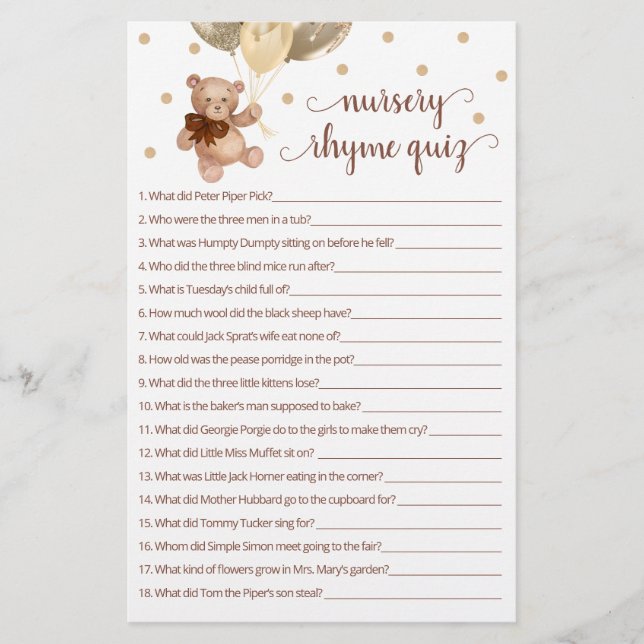 Papier Teddy Bear Nursery Rhyme Quiz Jeu (Devant)