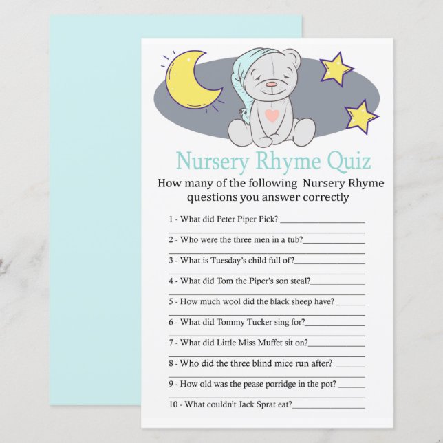 Papier Teddy bear Nursery Rhyme Quiz jeu de baby shower (Devant / Derrière)