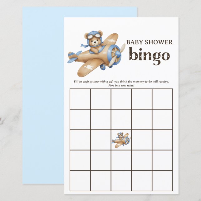 Papier Teddy Bear Pilote Bébé Garçon Douche Bingo Jeu (Devant / Derrière)