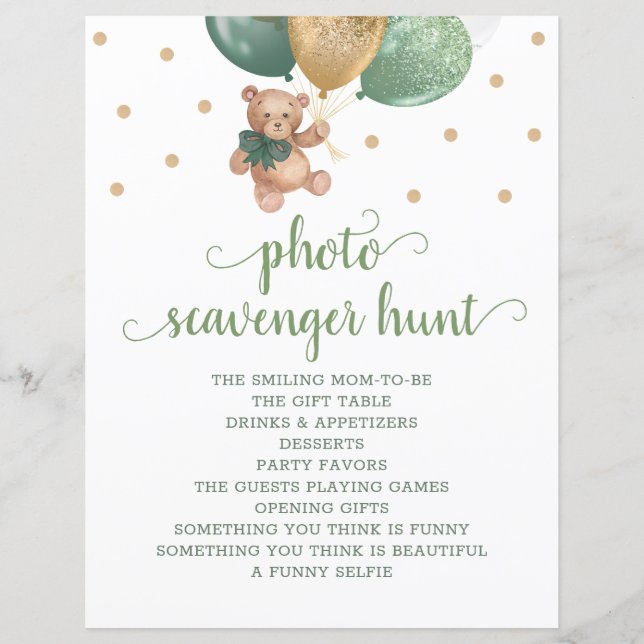 Papier Teddy Bear Sage Green Photo Scavenger Chasse Jeu (Devant)