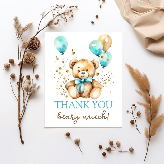 Papier Teddy ours bearly attente baby shower merci (Teddy bear bearly wait baby shower thank you card ute teddy bear aqua blue ancd gold  balloons)