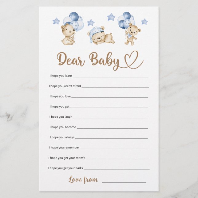 Papier Teddy ours garçon baby shower Chers voeux pour béb (Devant)