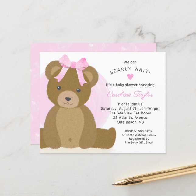 Papier Teddy Ours mignon Pink Bow Baby Girl Douche Invita (Devant/Arrière en situation)