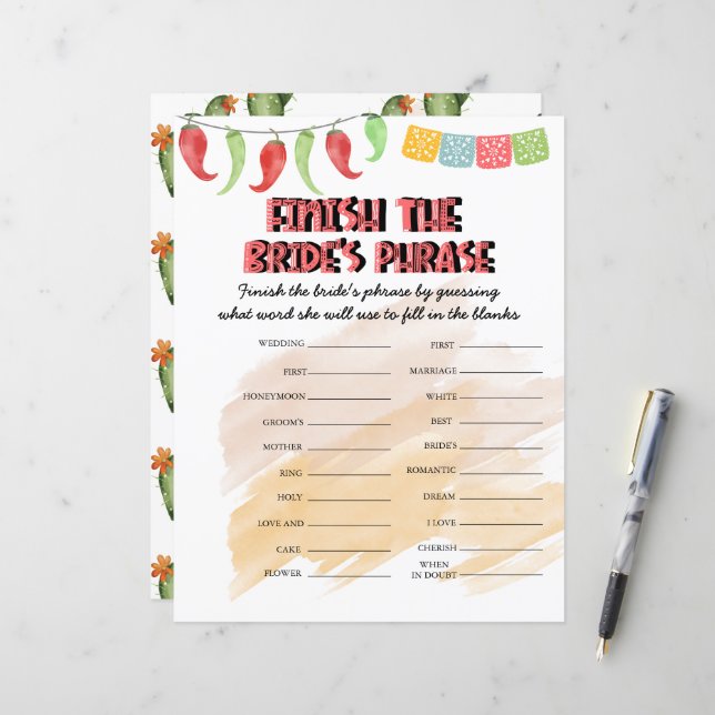 Papier Terminer la phrase de la mariée | Jeu de Fête des  (Devant/Arrière en situation)
