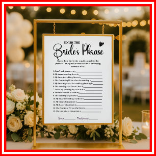 Papier Terminez la phrase de la mariée Jeu de Baby Shower