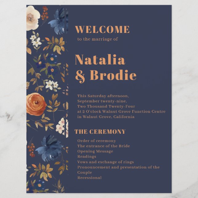 Papier Terracotta Blue French Mariage campagnard Program (Devant)