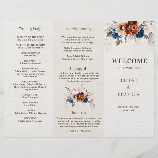 Papier Terracotta Navy Blue Pampas Grass Wedding Programm (Devant)