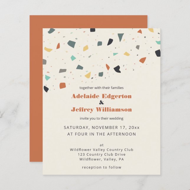 Papier Terrazzo Tile Confetti Budget Mariage Invitations (Devant / Derrière)