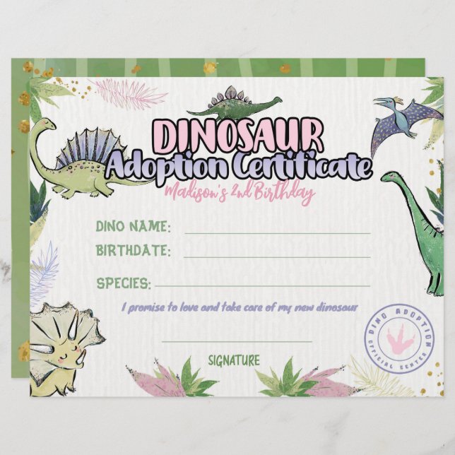 Papier Thème Dinosaur Party, Certificat Dino Adoption (Devant / Derrière)