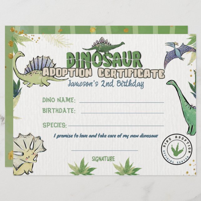 Papier Thème Dinosaur Party, Certificat Dino Adoption (Devant / Derrière)