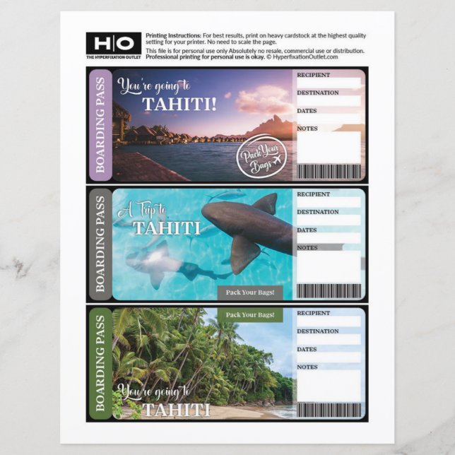 Papier Ticket Faux Tahiti pour Voyage et Événements (Devant)