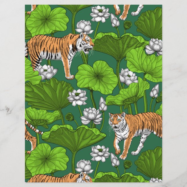 Papier Tigres dans l'étang blanc de lotus (Devant)