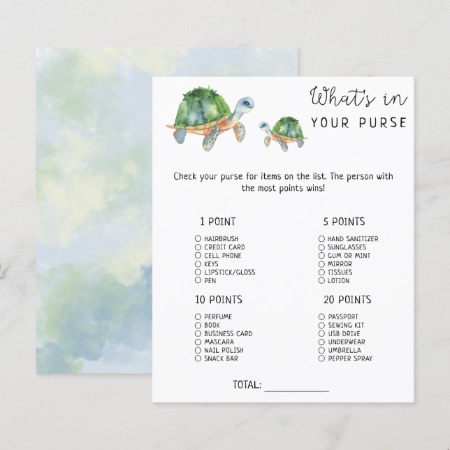 Papier Tortue de mer - Whats dans votre sac à baby shower (Devant / Derrière)