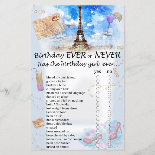 Papier Tour Eiffel Anniversaire jamais ou jamais jeu (Devant)