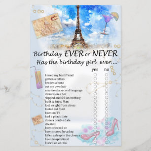 Papier Tour Eiffel Anniversaire jamais ou jamais jeu