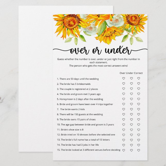 Papier Tournesol au-dessus ou sous la douche nuptiale (Devant / Derrière)
