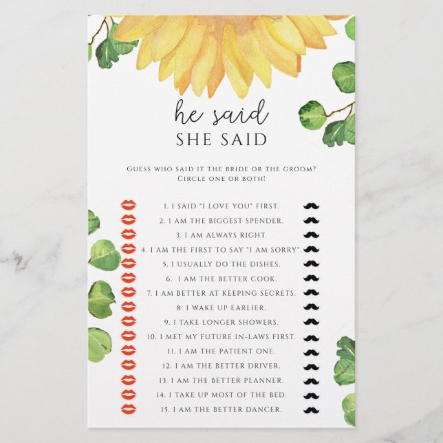 Papier Tournesol Il dit qu'elle a dit jeu de douche nupti (Devant)