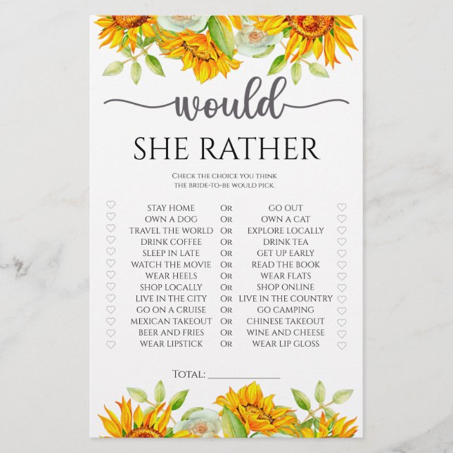 Papier Tournesol Jeu de baby shower « Would she rather »  (Devant)