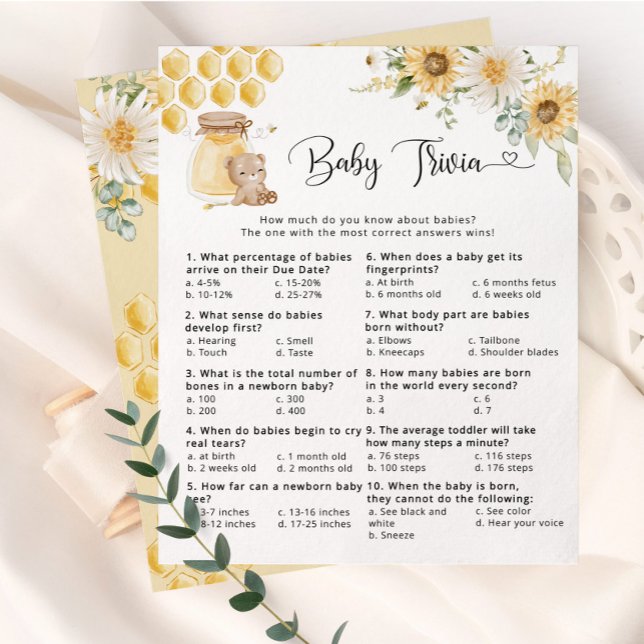 Papier Tournesol miel ours Bébé trivia jeu de baby shower (Créateur téléchargé)