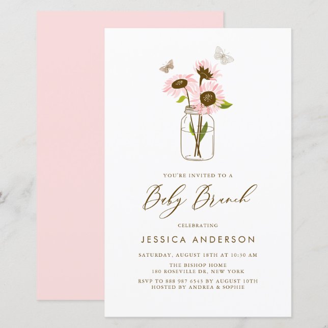 Papier Tournesols roses dans Mason Jar Baby Brunch Invita (Devant / Derrière)