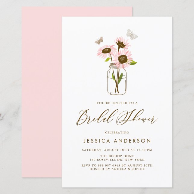 Papier Tournesols roses dans Mason Jar Invitation Fête de (Devant / Derrière)