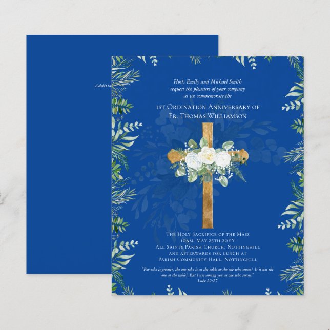 Papier TOUT Anniversaire d'Ordination Invitation Roses bl (Devant / Derrière)