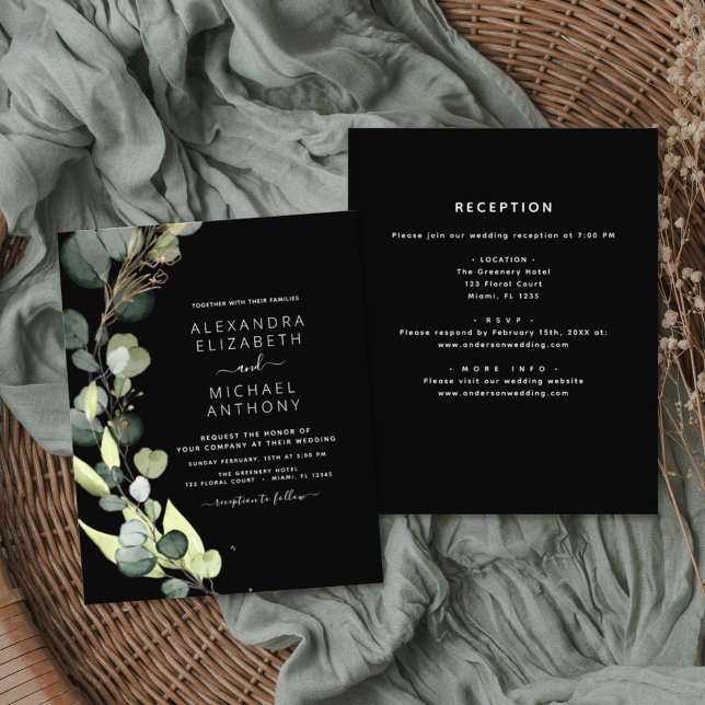 Papier Tout en un Eucalyptus Faire-part de mariage noir (Créateur téléchargé)