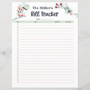 Papier Tracker de facture mensuelle dans un style floral 