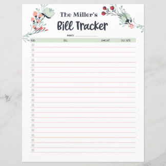 Papier Tracker de facture mensuelle dans un style floral 